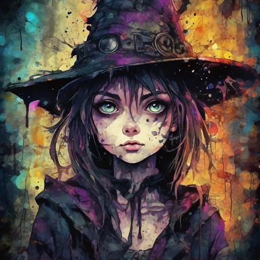 Prompt: Highly Detailed Ink Splatter Grunge, a big eyed witchy cute girl, in a dark castle, Manga style, pretty face, full body, chipped peeling, cracked course, saturated colourful, textured paint, negative-digital, abstract background, intricate background, luminism, ultra detailed, 32k, Fantastic realism complex background, dynamic lighting, lights, digital painting, 3D effect, intricate pose, intricate highly detailed, art by Konstantin Makovsky, Mandy Disher and Victoria Francis
, Broken Glass effect, no background, stunning, something that even doesn't exist, mythical being, energy, molecular, textures, iridescent and luminescent scales, breathtaking beauty, pure perfection, divine presence, unforgettable, impressive, breathtaking beauty, Volumetric light, auras, rays, vivid colors reflects