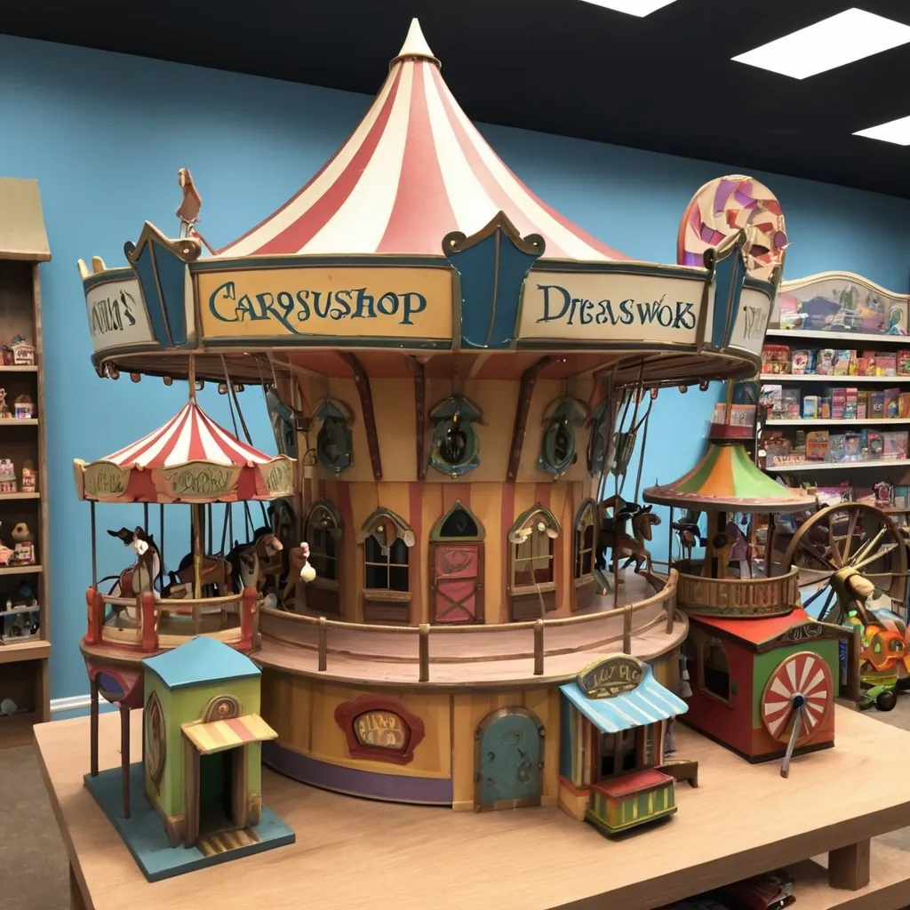 Prompt: Elf's Workshop with Carousel and toy stores DreamWorks inspired.