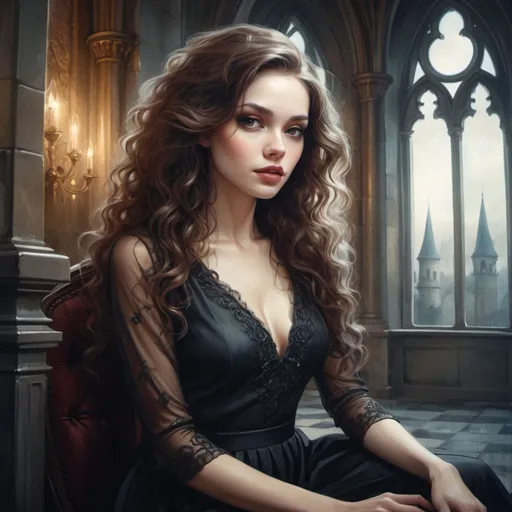 Prompt: Painting by Anna Dittmann, A beautiful modern business woman is sitting gracefully inside a dark gothic castle, long curly brown hair, wearing modern dress, perfect lovely face, intricate details, highly detailed environment, high contrast, UHD, 8k
