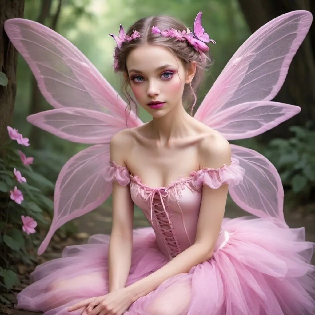 Prompt: A faery with pink wings, long pink and purple gown…..lace up ballet slippers, beautiful face, beautiful pink lips, happy aura about her