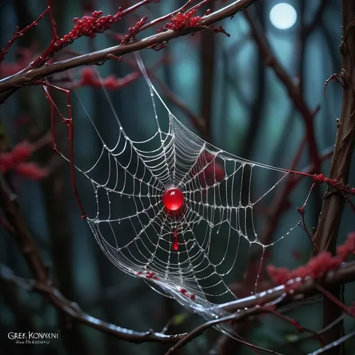 Prompt: A mesmerizing web of silk and blood, shimmering in the moonlight, delicately draped between the twisted branches of a dark and mysterious forest., Miki Asai Macro photography, close-up, hyper detailed, trending on artstation, sharp focus, studio photo, intricate details, highly detailed, by greg rutkowski