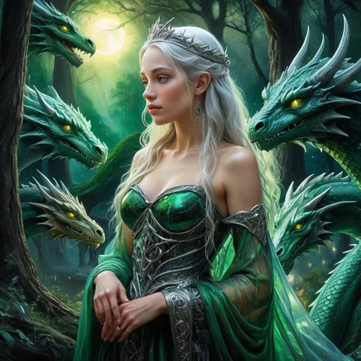 Prompt: far away view of stunning princess with dragon and mytical creatures in the forest, mystical, magical, silver, black, green, metalic, glass skin, cellular skin, long white and silver hair, glossy, medieval, fantasy, lord of the rings, mytical, landscape, dragon, shining, glowing, night, starry night, green haze
highly detailed digital painting elegant extremely detailed fantasy intricate oil on canvas cinematic lighting high detail dynamic lighting crisp quality vibrant colors cinematic postprocessing volumetric light Josephine Wall luminous John Poppleton Irdescent