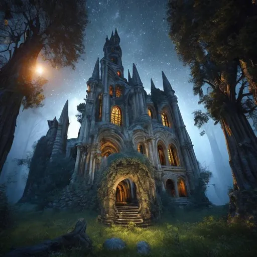 Prompt: HD, 4K, 3D, Stunning, magic, cinematic camera, two-point perspective, gothic ruin in the forest, without ceiling, ancient trees, moonlight, gothic ruin in the forest, magical night