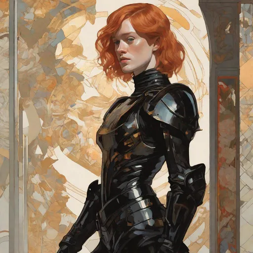 Prompt: redhead mackenzie davis actress wearing black armour with bare legs, mucha, hard shadows and strong rim light, art by jc leyendecker and atey ghailan and sachin teng