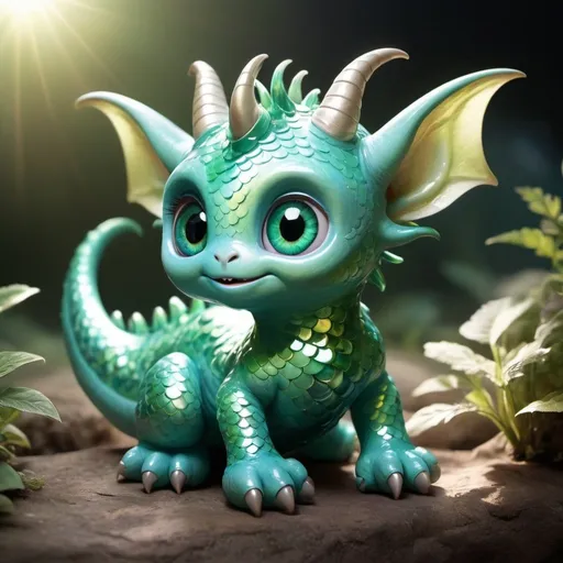 Prompt: A baby monster with scales that shimmer like emeralds in the sunlight. It has a long, graceful tail that curls around it protectively as it sleeps, and tiny, delicate horns that give it a mischievous look. Its eyes are bright and curious, always seeking out new adventures in the fantastical world it calls home.