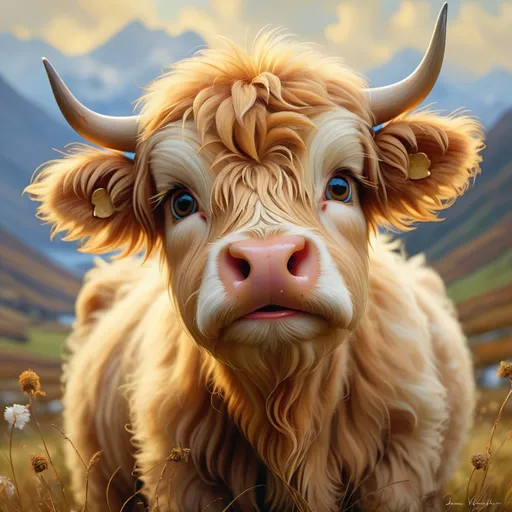 Prompt: Whimsical and adorable fluffy highland calf, Scottish highlands background, Scottish theme, art by James Christensen, prompt by McKay, super cute, soft shaggy fur, collage, mixed media, majestic, ornate, hyper detailed face and eyes, cute reflective eyes, gold leaf, mother of pearl,  intricate, 3D, fabulous, fantastical, magical, masterpiece painting, hyper detailed, captivating, enchanting, scattered light, composed using the golden ratio, award winning, perfect composition, ultra hd, highly detailed, lighting by Vladimir Volegov and Steve Hanks