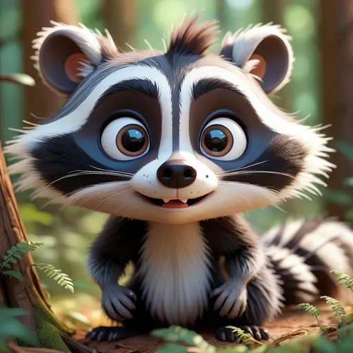 Prompt: Disney Pixar style cute raccoon and skunk, highly detailed, fluffy, intricate, big eyes, adorable, beautiful, soft dramatic lighting, light shafts, radiant, ultra high quality octane render, daytime forest background,bokeh, hypermaximalist