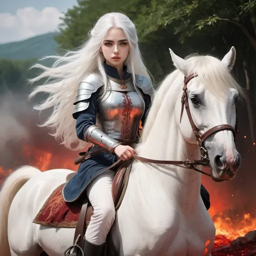 Prompt: beautiful 20 year old women with white hair, white eyebrows, light skin, realistic, ultrarealistic, high quality art, bright eyes, long hair, beauty, real, long hair, symmetrical, anime wide eyes, fair, delicate, medieval, riding a horse into a battle, covered in blood