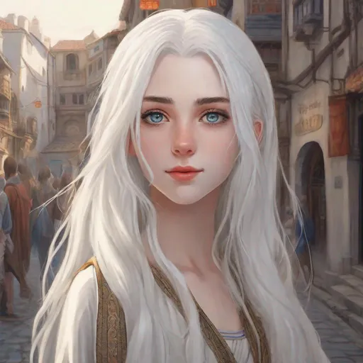 Prompt: beautiful 20 year old women with white hair, white eyebrows, light skin, realistic, ultrarealistic, high quality art, bright eyes, long hair, beauty, real, long hair, symmetrical, anime wide eyes, fair, delicate, medieval, standing on a busy street of an ancient city