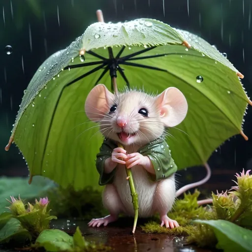 Prompt: a very cute baby mouse, wet but smiling 
hides from the rain under a large burdock leaf as under the umbrella,
 moss, flowers,
forest, fireflies around, night, fog, tenebroso, grazioso, LED lighting, pastel colors