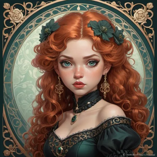 Prompt: a modern gothic lolita version of Princess Merida, face, fantasy, intricate, elegant, highly detailed, digital painting, artstation, concept art, smooth, sharp focus, illustration, art by Gerald Brom and Jasmine Becket-Griffith and Fernanda Suarez and alphonse mucha