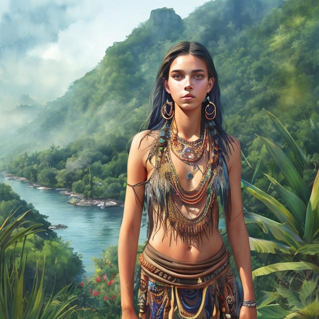 Prompt: Full body Illustration of a woman, young, 18 years old, dark hair, wearing shaman outfit, beautiful, on top of the hill, in a concrete building, river view, lush vegetation, tropical, watercolor, artwork by tom björklund