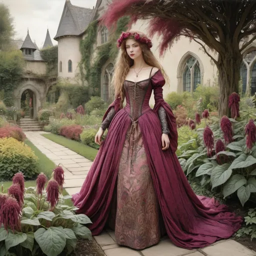 Prompt: "fairytale, medieval maiden, Amaranth-colored gown, garden with Amaranthus, arthur rackham style, beautiful colorful complex detailed"