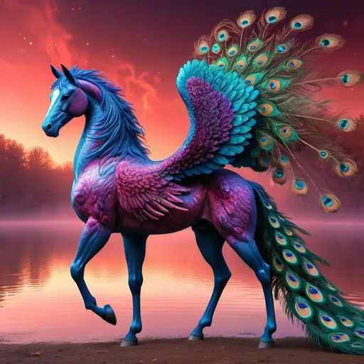 Prompt: 
hybrid mutant demonic horse+peacock crossing, voluminous wings, on the mystical shore of the lake,smoke fractal, bright crimson color, super-detailed galactic background in the sky, surrealism, stardust, mysticism, flicker, fantasy, glitter and shine of the eyes, 30mm lens, 1/250s, f/2.8, ISO 400, soft lighting, filigree drawing, high detail, high resolution, lots of detail, depth of field, floral botanical