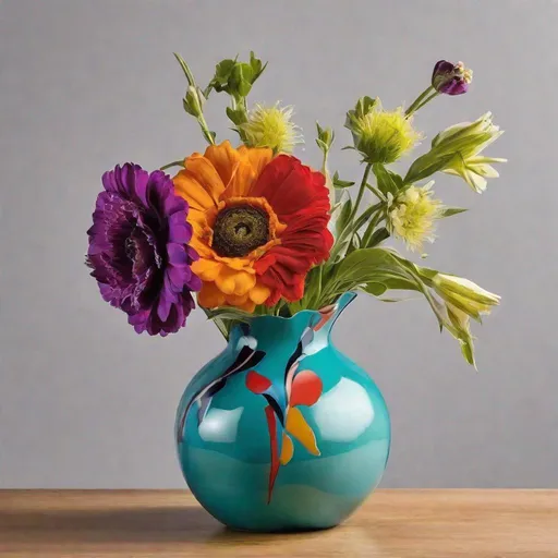 Prompt: Unique and bold colorful vase with one flower in it.