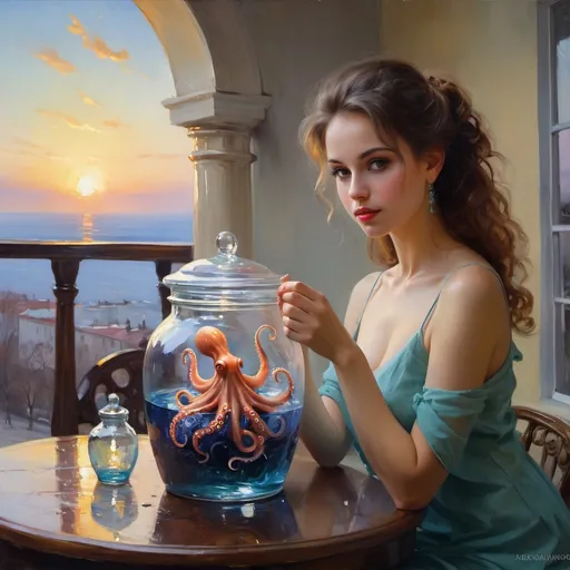 Prompt: (Painting )Galaxy Environment, Moody, Little Octopus in a Magic Jar of Unviable Dream, 8K, Vivid, Ultra Detail | | | | | | |, Color lighting, Surreal photography, portrait(, painting in the style ( (Konstantin Razumov)), Konstantin Razumov, Eduard Leon Cortes, Garmash, Mikhail Garmash, Vladimir Volegov, Volegov, On the terrace, Mikhail Garmash and, based on Mikhail Garmash, Style Pino Daeni)