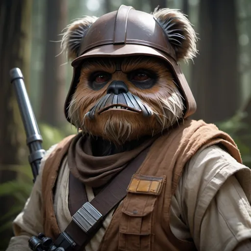 Prompt: An Ewok bounty hunter, Star Wars, professional photography, natural light, UHD, 8K, backlight, 3D effect, trending on ArtStation, sharp focus, studio shot, intricate detail, highly detailed, by David Hamilton, hyperrealistic paintings, cinematic plan, trending on artstation, sharp focus, studio photo, intricate details, highly detailed, by greg rutkowski