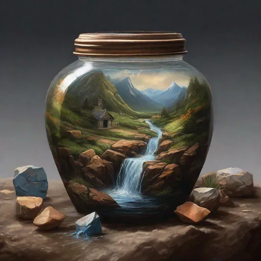 Prompt: A beautiful painting of Mountain Landscape in a jar water spilling out of a broken pot, earth colored clay pot, black background, by greg rutkowski and thomas kinkade, Trending on artstation, 8k, hyperrealistic, extremely detailed , Miki Asai Macro photography, close-up, hyper detailed, trending on artstation, sharp focus, studio photo, intricate details, highly detailed, by greg rutkowski