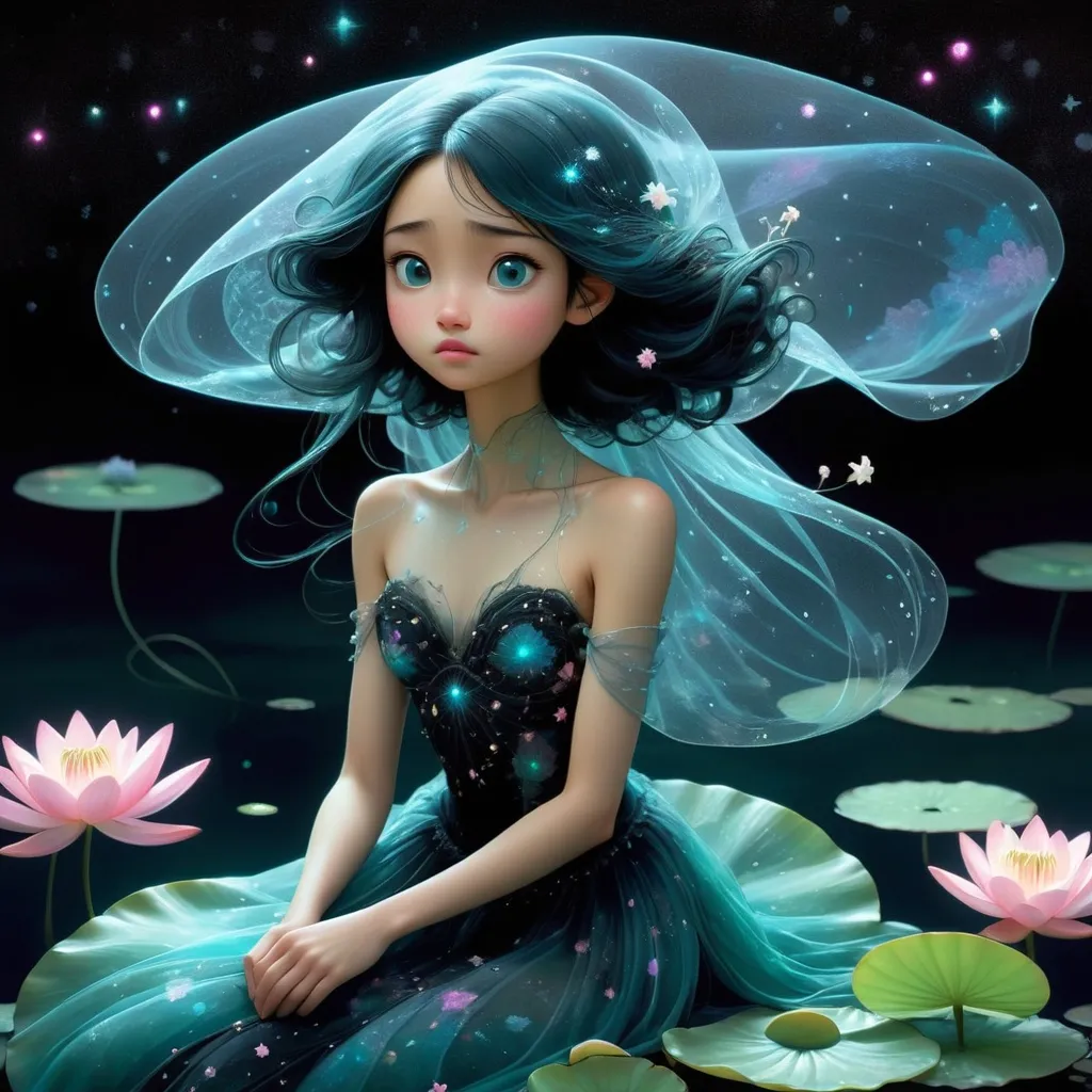 Prompt: beautiful girl, pixar, Yoshitaka Amano, midnight, lake, bioluminescent, veils, intricate frock, stars, silk, lilypads, nebula, galaxy, luminous, soft light, teal, pink, black