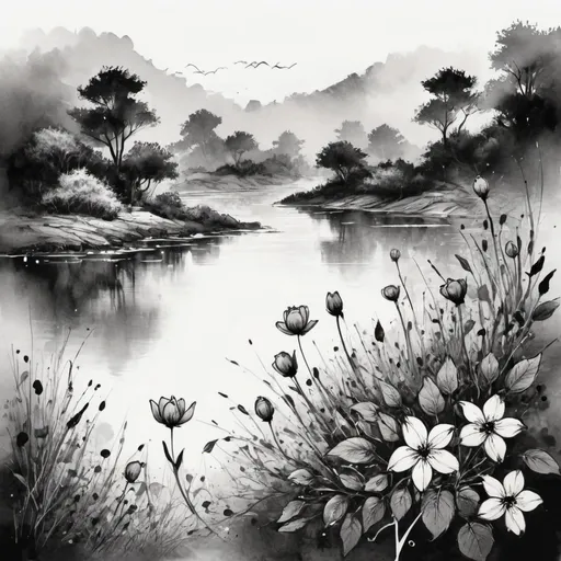 Prompt: A beautiful painting of ink flowers drawing scenery.