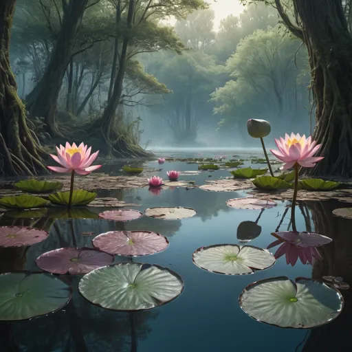 Prompt: vibrant colors, lotos flowers, mystic forest ,insanity scene from a movie , forest, dramatic shot angle,  atmospheric particles,
Real, raw cinematic photorealism, action portrait, 8k, detailed, centered, full frame
illustration of a lake, water lily, forest, fantasy art, intricate details, style Jean - Baptiste Monge, style Alan Lee, art by M A R I , ultra hd, realistic, vivid colors, highly detailed, UHD drawing, pen and ink, perfect composition, beautiful detailed intricate insanely detailed octane render trending on artstation, 8k artistic photography, photorealistic concept art, soft natural volumetric cinematic perfect light