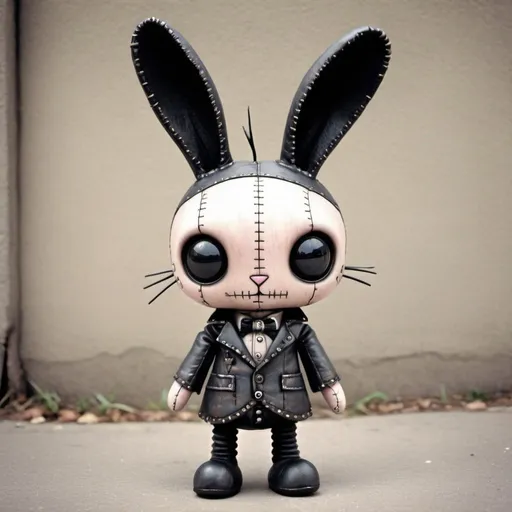 Prompt: 2d, grungy cute steampunk dark gothic voodoo bunny doll, long exaggerated ears, neutral expression, big black eyes, no expression, stitched patch on the torso, plain cracked skin, slight mechanical appearance, standing on the edge of a sidewalk, tim burton style, edward scissorhands style, gorjuss style, pencil sketch,  steampunk style, few pale pink accents