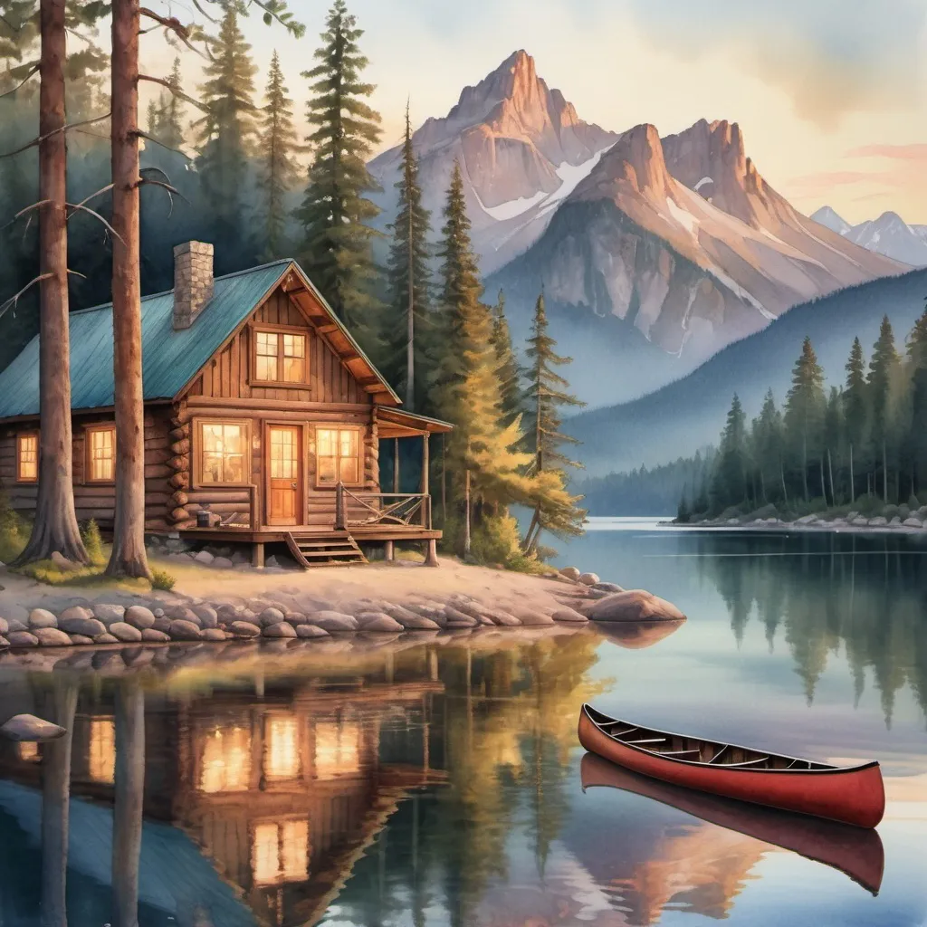 Prompt: Rustic cabin, nestled on mountain lake shore, surrounded by towering pines, reflecting on crystal clear water, warm glow from inside windows at twilight, canoe resting by the dock, distant mountains in soft focus, watercolor style, serene atmosphere, golden hour lighting, vivid colors, ultra-realistic.