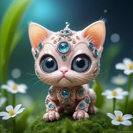 Prompt: Cute big eyes micro flower translucent kitten droids. nature from Space. Terraforming, Alien Flora, space plants, planets in sky, fantastic landscape,, Miki Asai Macro photography, close-up, hyper detailed, trending on artstation, sharp focus, studio photo, intricate details, highly detailed, by greg rutkowski