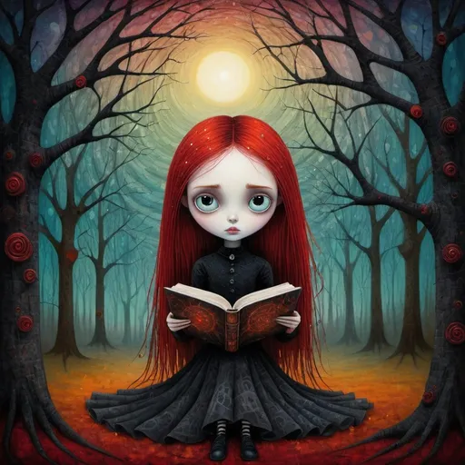 Prompt: Reading a book by Andy Kehoe and Tim Burton. Big sad eyes, a tangled red-head wearing gothic-punk clothes. Vibrant modern fairytale scene of spiraling esthetic beauty, abstract art, complementary colors, fine details. sharp, focused, vibrant, colorful, clear image