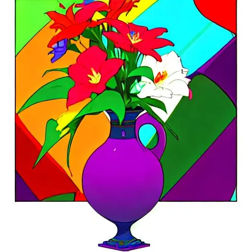 Prompt: Unique and bold colorful vase with one flower in it.