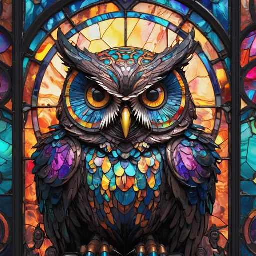 Prompt: Splash ink, stained glass, owl, hyper cute, big eyes, best quality, fragil, dynamic, transparency, vintage, vibrant colors, complex background, mysterious, highly detailed, 8k, neon ambiance, abstract black oil, gear mecha, detailed acrylic, grunge, intricate complexity, rendered in unreal engine, photorealistic