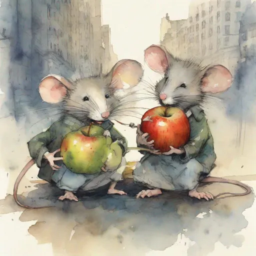 Prompt: cool, nice and cute mice working and helping  together to move a big apple together by Alex Maleev, Quentin Blake, watercolour style