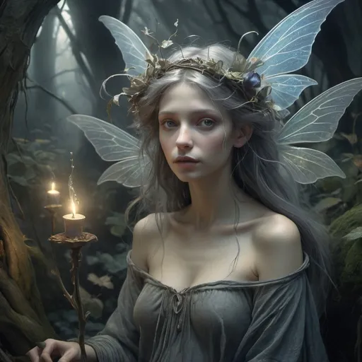 Prompt: Surreal whimsical fairies and eerie creatures occupy a dreamlike atmosphere in a close-up photograph, intricate details and magical lighting enhancing their ethereal presence, fantasy concept art by Brian Froud and Alan Lee with vibrant colors, mystical ambiance, shot on Kodak Gold 400, 8k resolution, digital painting. a masterpiece, 8k resolution, dark fantasy concept art, by Greg Rutkowski, dynamic lighting, hyperdetailed, intricately detailed, Splash screen art, trending on Artstation, dark grays and muted colors, Unreal Engine, volumetric lighting, Alphonse Mucha, Jordan Grimmer, matte