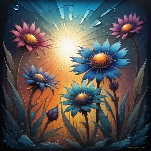 Prompt: summer ,  best quality,   ink painting, acrylic,  cute cornflowers, sunrise,,  by Craola , Dan Mumford, Andy Kehoe, 2d, flat, cute, adorable, vintage, art on a cracked paper, fairytale, storybook detailed illustration, cinematic,  ultra highly detailed  , tiny details,  beautiful details, mystical,  luminism, ,vibrant colors ,  complex background,  , Broken Glass effect, no background, stunning, something that even doesn't exist, mythical being, energy, molecular, textures, iridescent and luminescent scales, breathtaking beauty, pure perfection, divine presence, unforgettable, impressive, breathtaking beauty, Volumetric light, auras, rays, vivid colors reflects