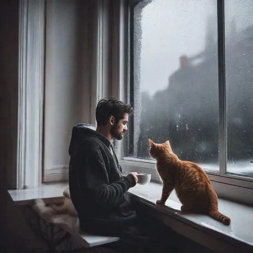 Prompt: Picture of a man sitting in front of window at rainy weather. Cozy, warm contrast, cold outside. Perfect picture. Coffee, cat, chill, safety