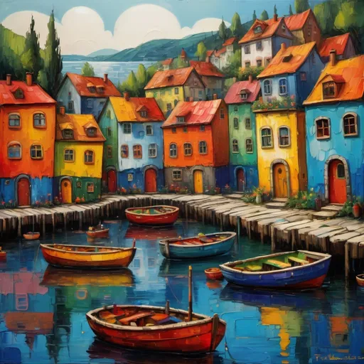 Prompt: olpntng style, Art by Friedensreich Hundertwasser, old sea Village with boats and people, cinematic soft diffused light, vivid colors, very detailed, sharp focus, oil painting, heavy strokes, perfect composition, octane render, trending on artstation, 8k., oil painting, heavy strokes, paint dripping