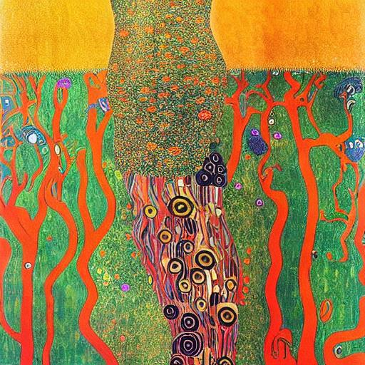 Prompt: The beautiful young lady, She comes in colors everywhere She combs her hair She's like a rainbow Coming, colors in the air Oh, everywhere She comes in colors, Gustav Klimt, Carboniferous Forest