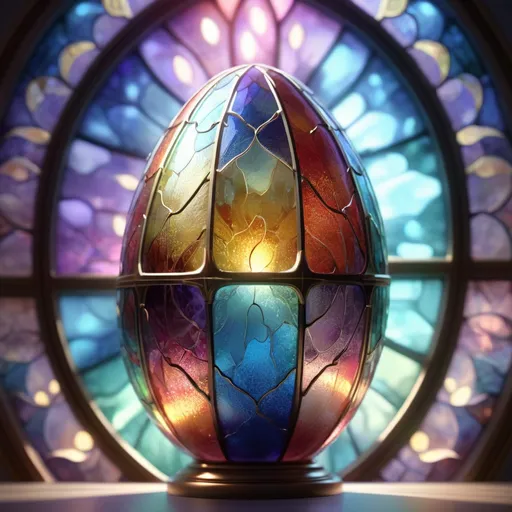 Prompt: Through high definition CG, shimmering stained glass egg, hyper detailed, hyper realistic, sparkling, jewel, shimmering glass egg, symmetrical, ,gentle sunlight,  beautiful and dreamy,Lightning, Lightning,Light Effects, 8K, Ultra HD, Blizzard style art trends,Luminous fog luminous ，volume lightVolumetric light