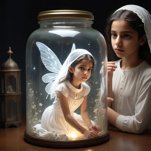 Prompt: Illustration of a white fairy caught within a crystalline, translucent glass jar, radiating an ethereal glow, juxtaposed with a young girl, an innocent portrayal of an American, outfitted in a high-collared, closed garment complemented by a delicate veil, capturing the essence of AlDeeb AlDeeb madness, envisioned by the artistic styles of o.f.a. and aldeeb