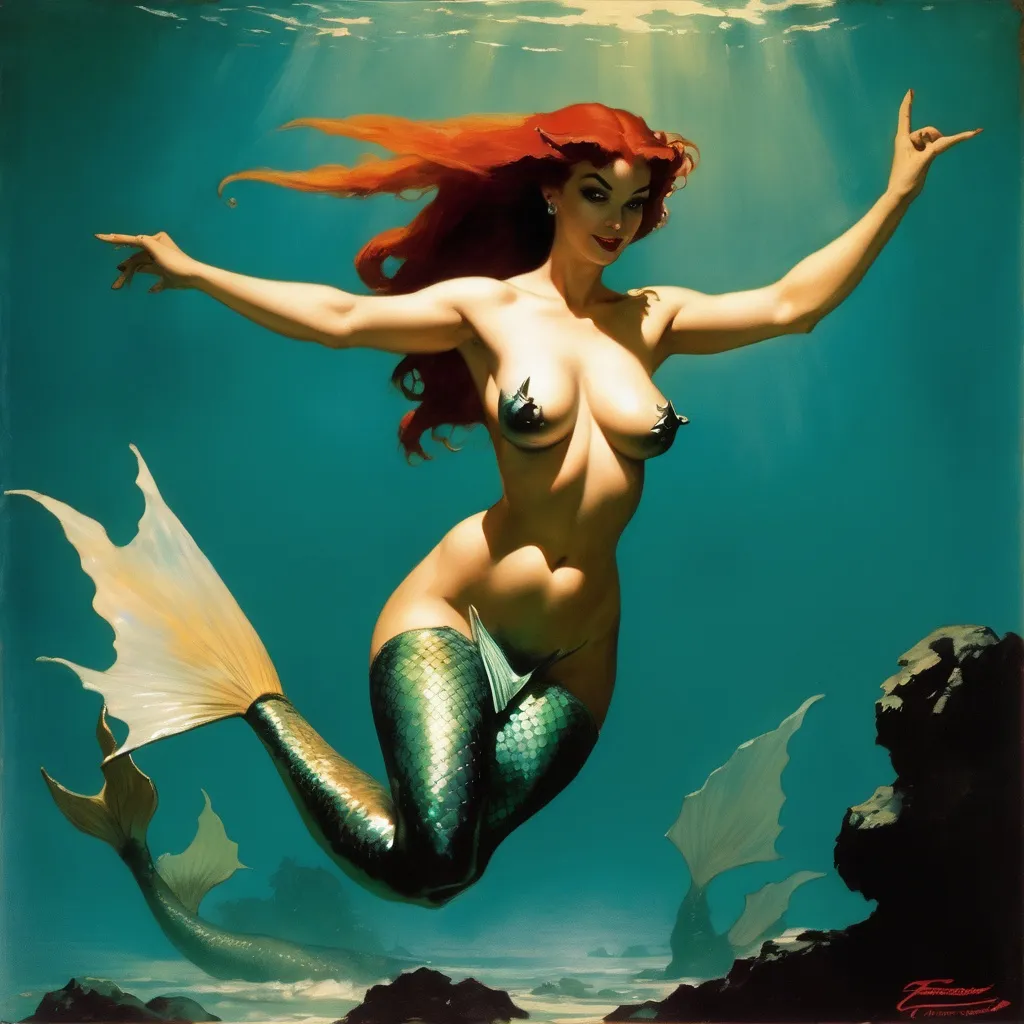 Prompt: painting of a mermaid by Frank Frazetta and Gil Elvgren.