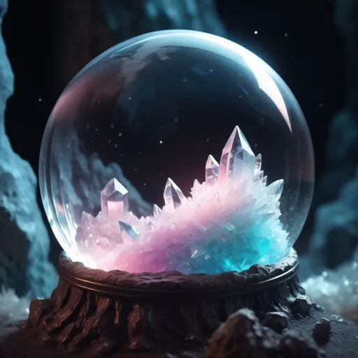 Prompt: Fluffy cute crystal ball glowing with magical energys and oozing with fluffs, background crystal cave,