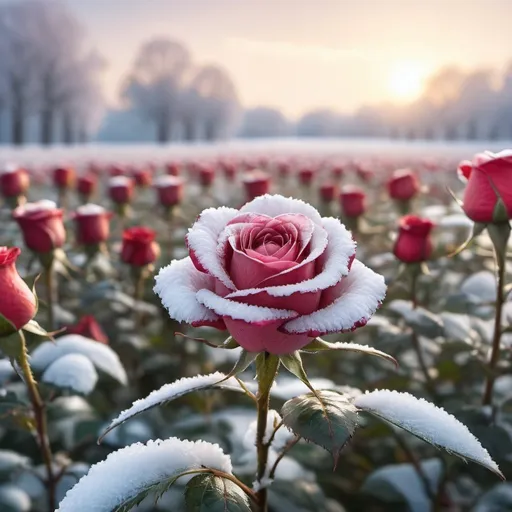 Prompt: Winterlandscape with snow, in a big open field of beautiful historical roses, soft sunshine, high detail, photography, hoarfrost, Miki Asai Macro photography, close-up, hyper detailed, trending on artstation, sharp focus, studio photo, intricate details, highly detailed, by greg rutkowski, Miki Asai Macro photography, close-up, hyper detailed, trending on artstation, sharp focus, studio photo, intricate details, highly detailed, by greg rutkowski