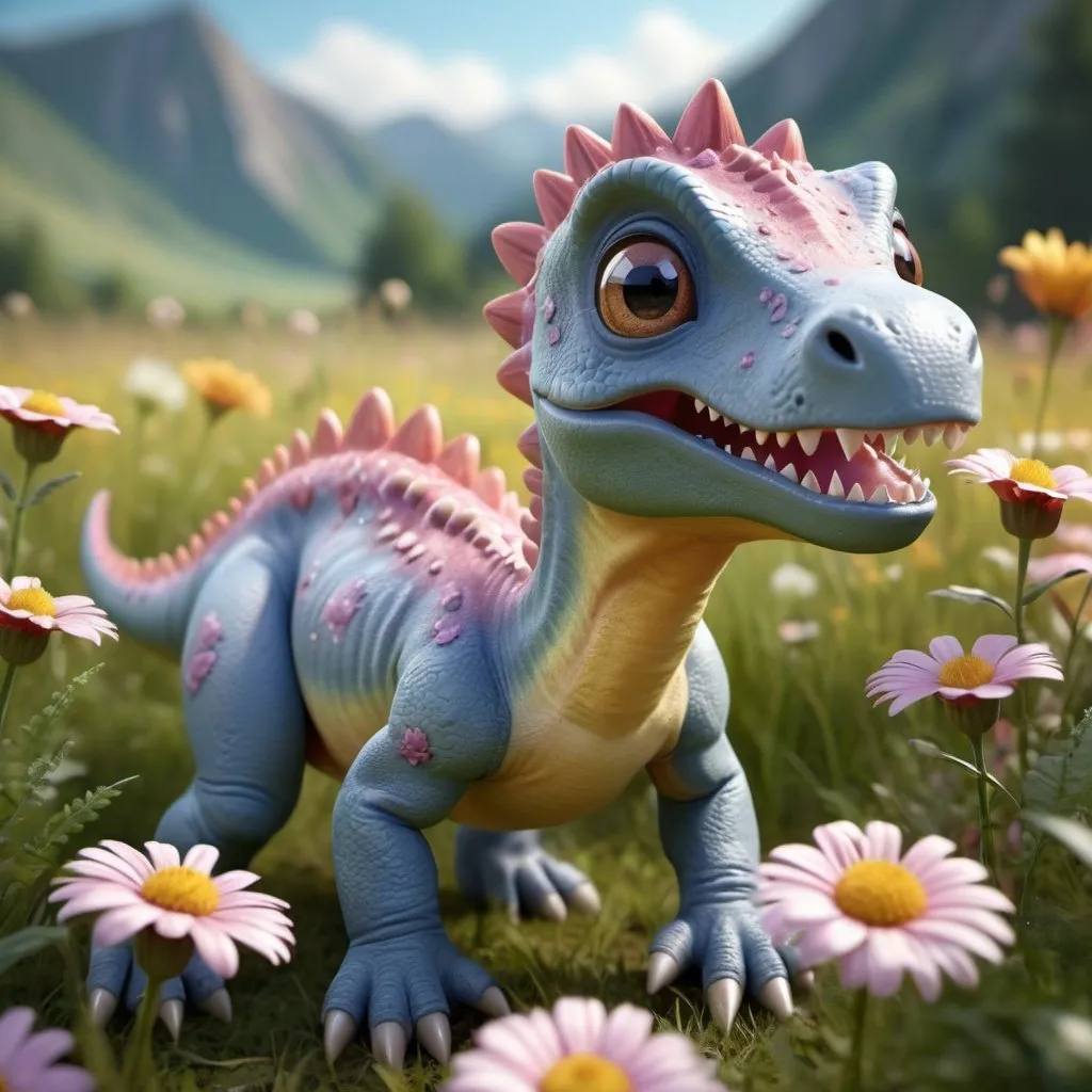 Prompt: hyperrealistic glamour photo of a cute little baby dianosaur surrounded by beautiful flowers in a meadow, hungry eyes, sunlight, (high quality:1.2), extremely detailed fur, masterpiece, best quality, photograph, dreamlike, face focus, intricate details, sharp focus, photography, photorealism, photorealistic, soft focus, volumetric light, (****), (intricate details), (hyperdetailed), high detailed, lot of details, high quality, soft cinematic light, dramatic atmosphere, atmospheric perspective, raytracing, subsurface scattering