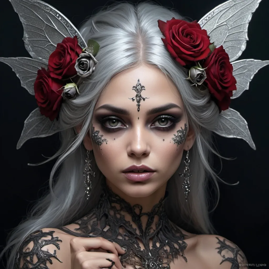 Prompt: DucHaitenNiji, mdjrny-v4 style hyper detailed beautiful dark fairy, silver hair, hyper focused, with glitter black, dead roses, bones laying haphazardly, dark colors, ominous, intricate extremely detailed fantasy intricate elegant portrait detailed face coherent face highly detailed digital painting keith garvey Diego Gisbert Llorens fantasy, hyper realistic, intricate detail, dark moody aesthetic, deep highlights and low lights, shadows, contrast