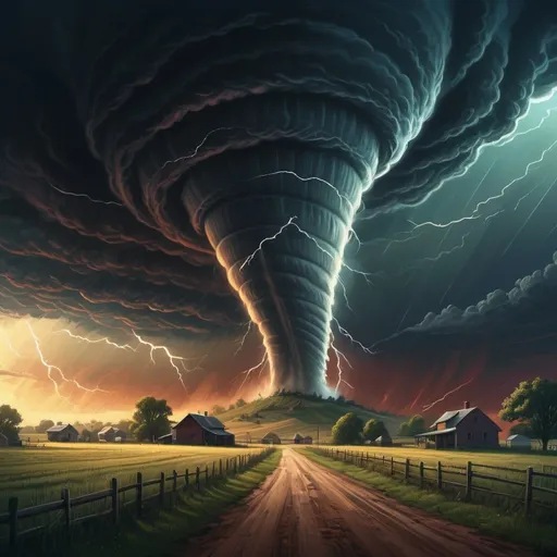 Prompt: Tornado, Country side, animated ray tracing, analog effects, Detailed illustration, 3D vector, Rich colour pallet., centered, symmetry, painted, intricate, volumetric lighting, beautiful, rich deep colors masterpiece, sharp focus, ultra detailed, in the style of dan mumford and marc simonetti, astrophotography