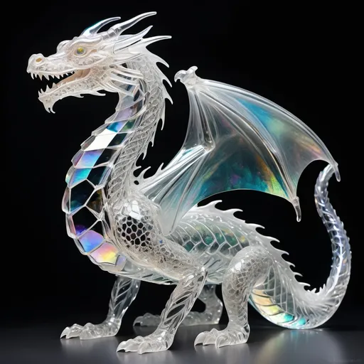 Prompt: beautiful (delicate) elegant (transparent crystal) ((iridescent)) dragon, long shot, full body, intricate, hollow glass living sculpture, Broken Glass effect, no background, stunning, something that even doesn't exist, mythical being, energy, molecular, textures, iridescent and luminescent scales, breathtaking beauty, pure perfection, divine presence, unforgettable, impressive, breathtaking beauty, Volumetric light, auras, rays, vivid colors reflects