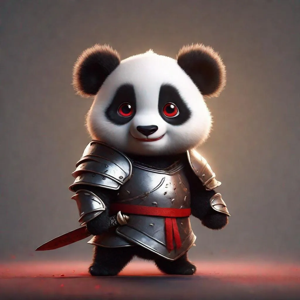 Prompt: Pixar Style, Tiny cute and adorable serious baby panda adventurer dressed in knight armor and sword, with red eyes anthropomorphic , dramatic lighting, 8k, portrait,realistic, fine details, photorealism, cinematic ,intricate details, cinematic lighting, photo realistic 8k