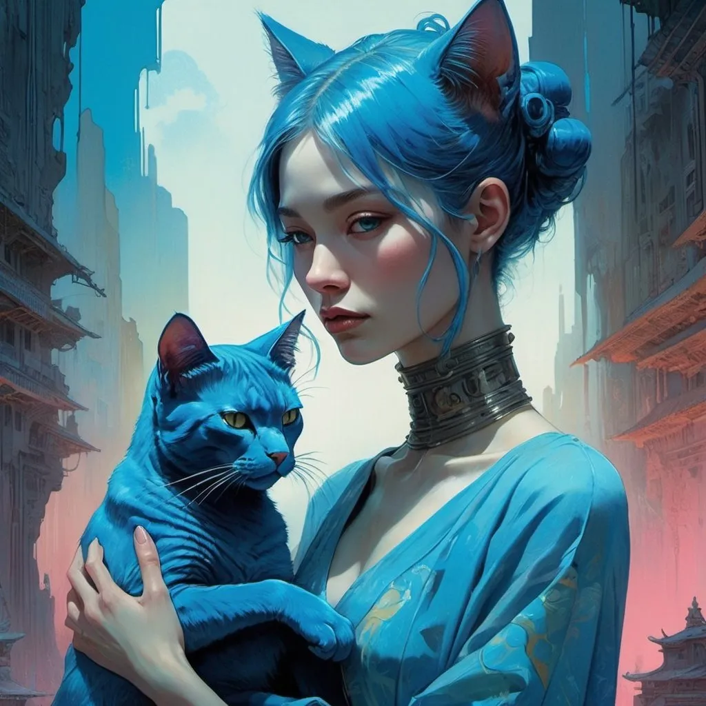 Prompt: woman holding a blue cat, retrofuturistic clothing, cyberpunk, bright neon colors, An incredibly ethereal world in style of Beksinski, harpers bazaar
atey ghailan, Art by Jock,  pino daeni , art by lois van baarle and loish and ross tran , Charles Vess, Chiho Aoshima , Kay Nielsen, 