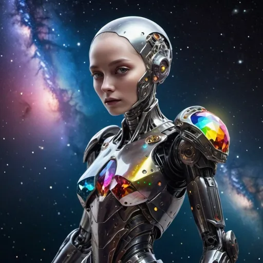 Prompt: open outer space, a very small asteroid, a lonely alien female cyborg, a human face, “full-length”, metal armor with multi-colored ornaments, a beautiful crystal in a raised hand, against the backdrop of the Milky Way, the shining of stars, fantastic multi-colored tints light