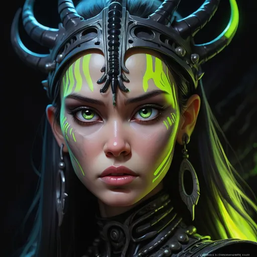 Prompt: closeup illustration of a pitch darkness portrait ,  fluorescent handprint on model's face,   serpan warrior, grunge, atey ghailan, Art by Jock,  pino daeni , art by lois van baarle and loish and ross tran , Charles Vess, Chiho Aoshima , Kay Nielsen, dark ambient, chiaroscuro, Simon Bisley, and H.R. Giger. insist artstation, art by stanley artgerm, painting by daniel f gerhartz,  art by Andrew Atroshenko, 

